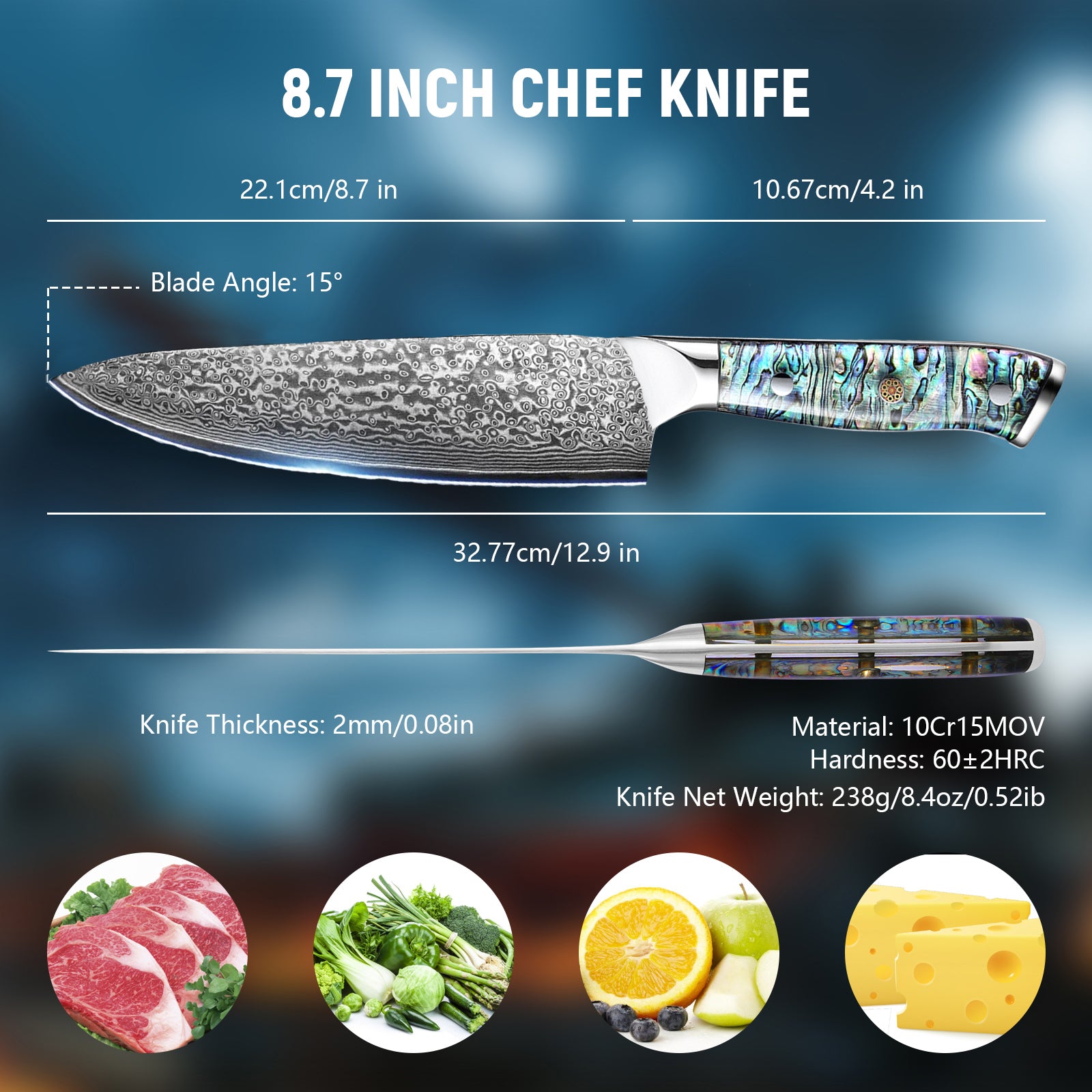 Damascus Steel Chef Knife 8 Inch, Santoku Knife, Boning Knife, Japanese Professional 10Cr15MOV Blade With Hand Forged Hammer Pattern, Ultra Sharp Kitchen Knife With Abalone Shell Ergonomic Handle