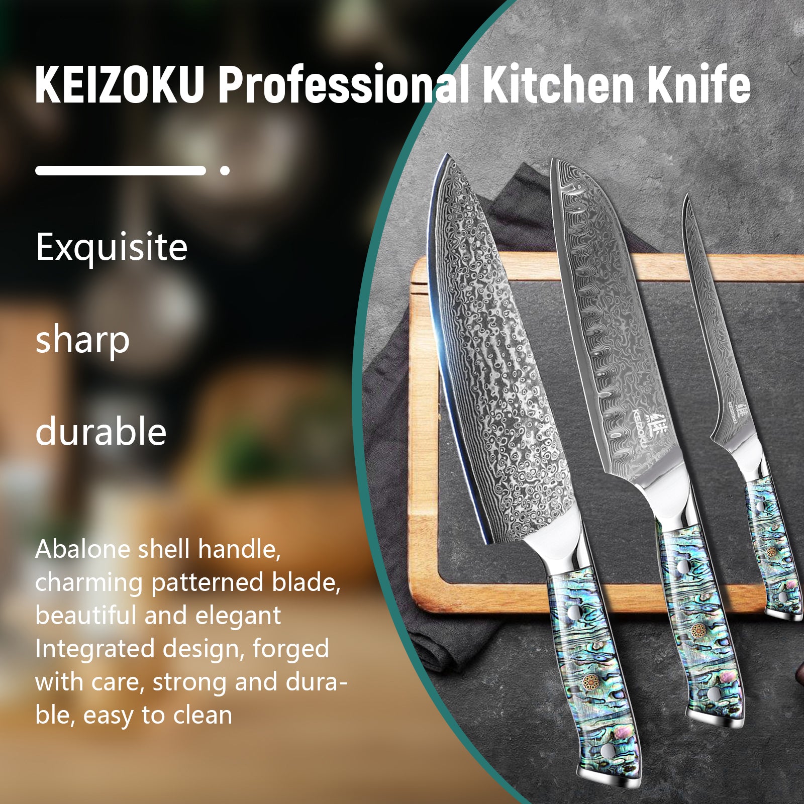 Damascus Steel Chef Knife 8 Inch, Santoku Knife, Boning Knife, Japanese Professional 10Cr15MOV Blade With Hand Forged Hammer Pattern, Ultra Sharp Kitchen Knife With Abalone Shell Ergonomic Handle